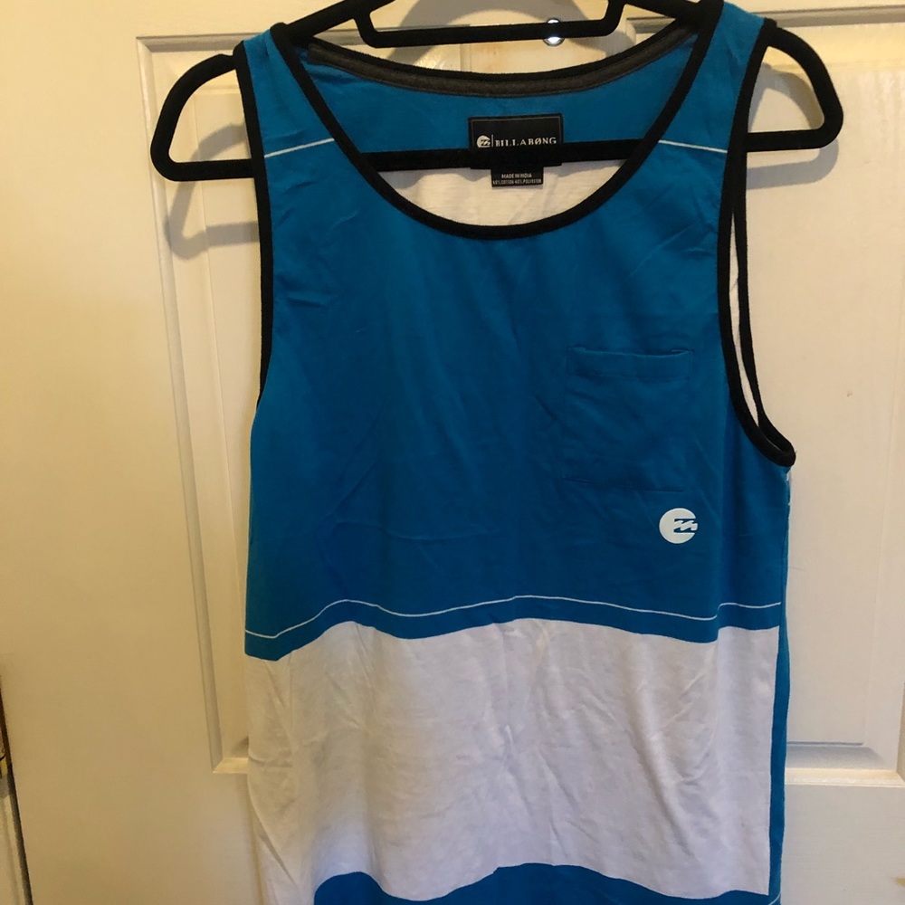 Billabong Men's Medium Striped White, Blue Tank Top Shirt Cotton Blend Pocket.